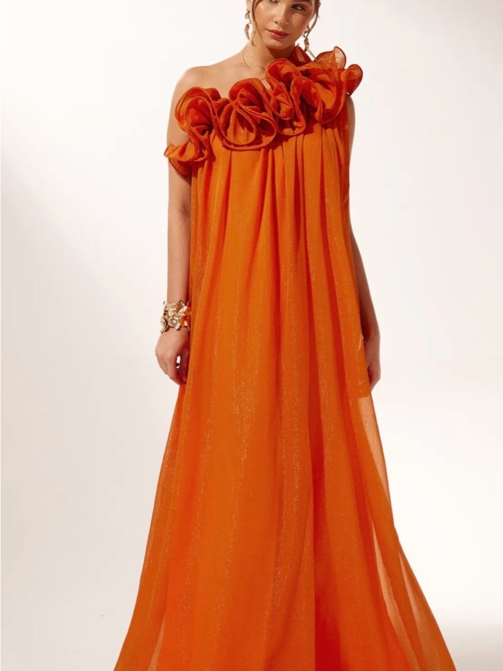 One-Shoulder Orange Maxi Gown with Floral Ruffle Trim
